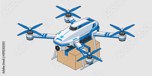 Isometric octocopter delivery drone carrying a cardboard parcel for automated modern logistics and e-commerce transportation.