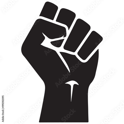 Black silhouette of a raised clenched fist vector icon for protest and social justice activism