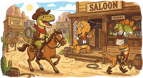 Dinosaur Wild West Cowboy Cartoon Illustration Scene Featuring Trex Sheriff Triceratops Cowboy Stegosaurus Bartender Saloon Editable Vector Collection