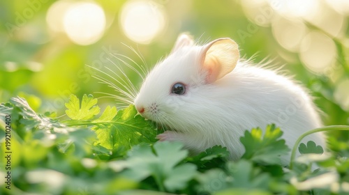 Fluffy white guinea pig eating fresh green cilantro outdoors