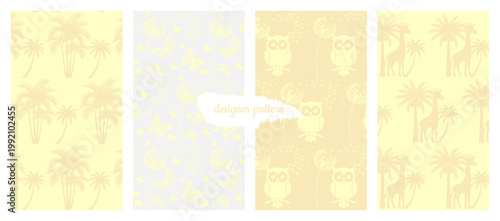 Modern pastel seamless pattern collection featuring tropical plants and cute animals