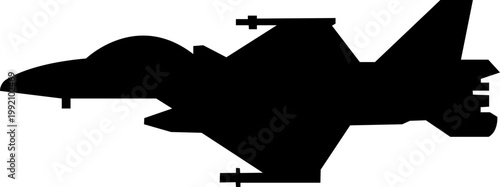 Fighter jet airplane aircraft aviation icon in black flat style featuring plane, jet, flight, warplane synonym elements for military, airforce and transport design use