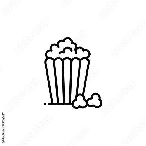 Simple line drawing of a popcorn container with scattered kernels