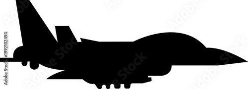 Fighter jet airplane aircraft aviation icon in black flat style featuring plane, jet, flight, warplane synonym elements for military, airforce and transport design use