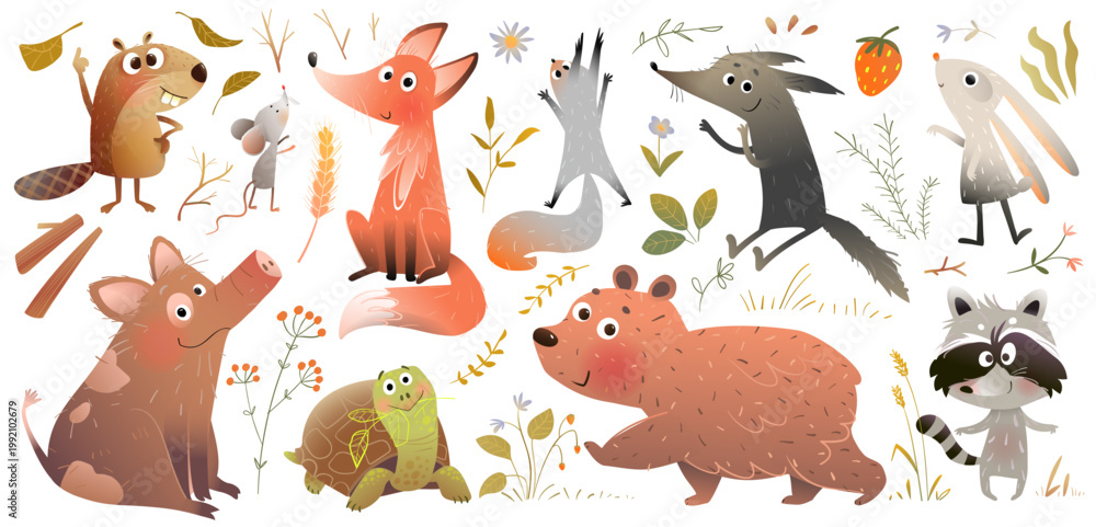 Fototapeta premium Forest Wild Animals Cute Sticker Collection. Hand drawn forest animals illustration collection with fox, bear, wolf, rabbit, and turtle.