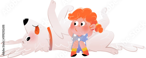 Cute girl sitting on big dog, sweet friendship of child and pet. Little child and and dog bonding. Calm cozy and fun illustration for children.
