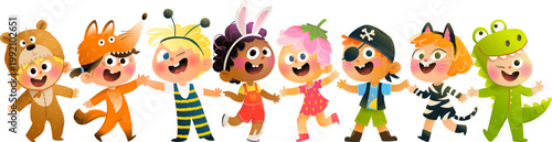 Kids animals costume parade. Children dressed up in funny animals costumes holding hands. Playful childhood characters group for preschool party. 
