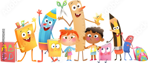 Colorful School Supplies Characters with Kids for Children Education. Education scene with children, teacher elements and playful pencils for kindergarten and preschool learning.