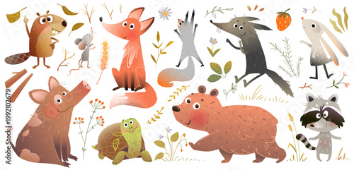 Forest Wild Animals Cute Sticker Collection.  Hand drawn forest animals illustration collection with fox, bear, wolf, rabbit, and turtle.