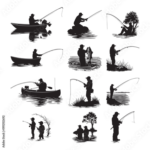 Fishing Silhouettes Set | Fisherman Boat and Lake Icons | Outdoor Activity Clipart Collection