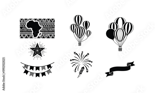 Set of vector silhouette illustration, line art juneteenth and african culture elements.