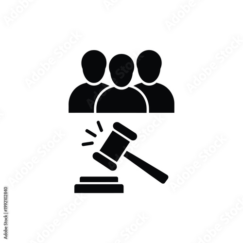 Auction with three people gavel striking and silhouettes of bidders