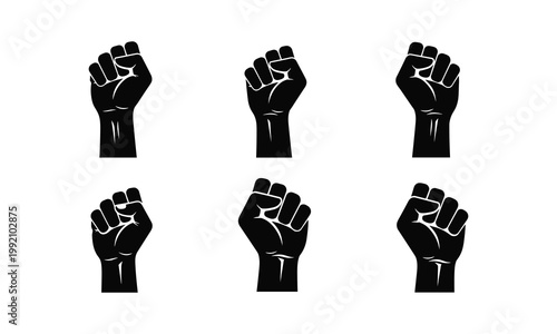 Six black silhouette raised fists vector illustration symbol protest power freedom.