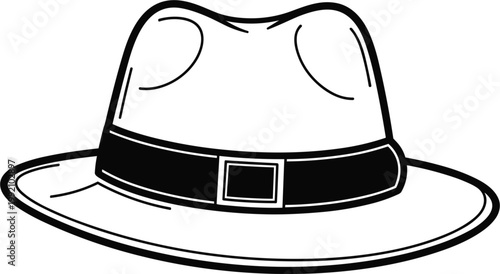 Classic Fedora Hat Vector Illustration with Decorative Ribbon Band and Buckle Detail for Vintage Fashion Apparel and Retro Headwear Graphic Designs