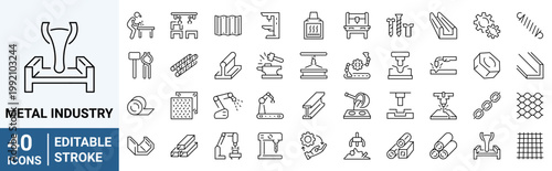 Set of 40 outline icons related to Metal industry. Linear icon collection. Editable stroke. Vector illustration