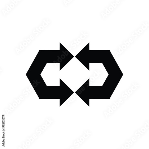 Black geometric design featuring interconnected hexagonal arrow shapes