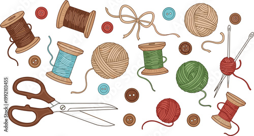 Comprehensive Sewing and Tailoring Accessory Set with Scissors Thread Spools Yarn Balls Buttons and Knitting Needles for Craft and DIY Hobby Designs