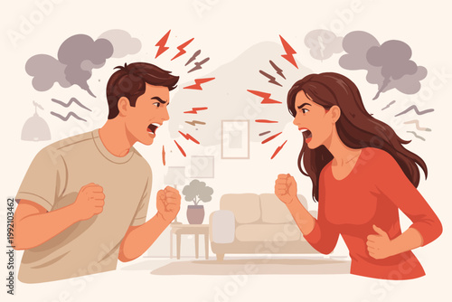 Angry Man and Woman Screaming at Each Other in Living Room, Vector Illustration of Couple Fighting, Domestic Violence Concept, Relationship Problems, Rage, Frustration and Negative Emotions