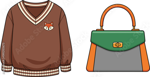 Catering Fashion Illustration of a Brown V-Neck Sweater with Fox Embroidery and a Stylish Green and Grey Handbag for Apparel Design and Branding