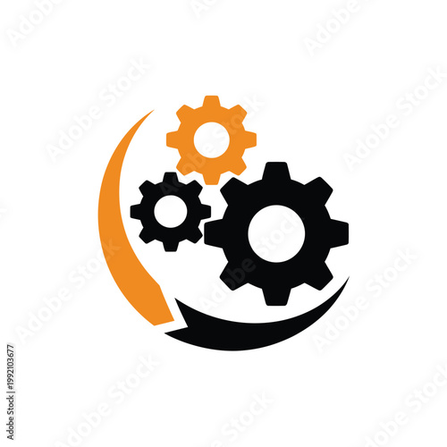 Abstract logo featuring interlocking orange and black gears in a dynamic arc