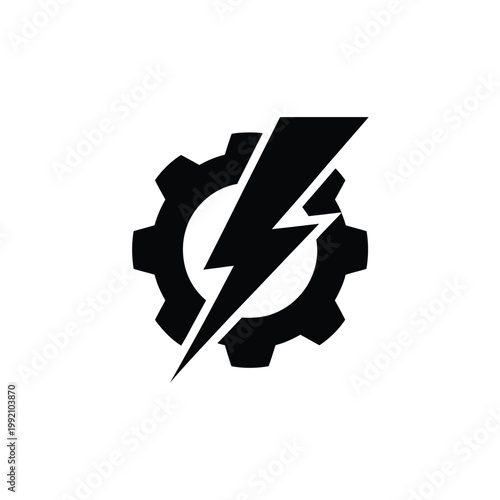 Black icon depicting a gear with a lightning bolt overlay