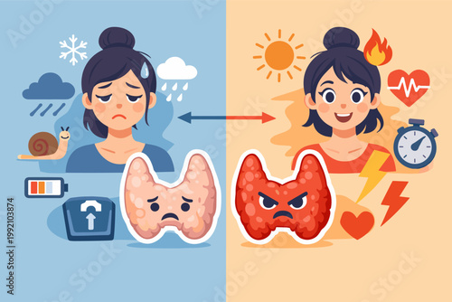 Comparison of Hypothyroidism and Hyperthyroidism Symptoms in Women, Flat Vector Illustration of Thyroid Gland Disorders, Endocrine System Health, Metabolism, Weight Gain, Fatigue, and Heart Rate