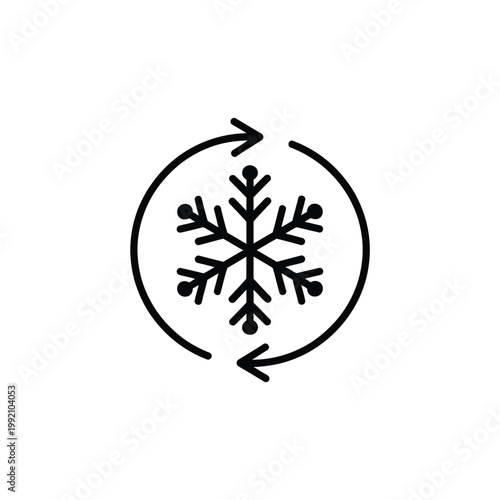Black and white circular icon featuring a snowflake and recycling arrows