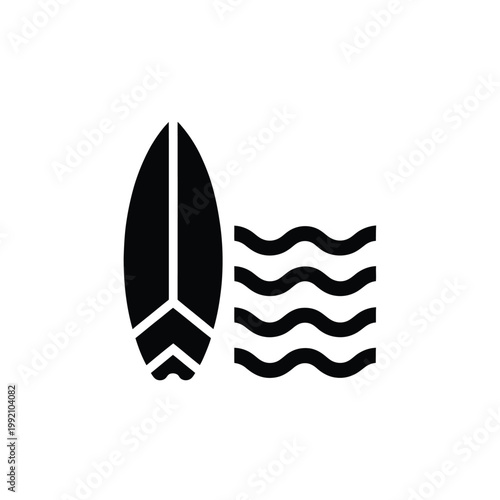 Black silhouette of a surfboard next to stylized ocean waves