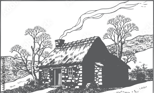 Stone cottage with thatched roof and smoking chimney
