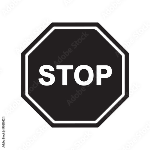 Minimalist black stop sign icon with white text and border flat design vector illustration for safety and traffic warning
