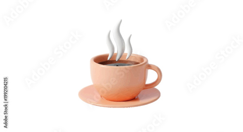 Vector illustration of 3d render of a peach colored coffee cup with steam on a transparent background