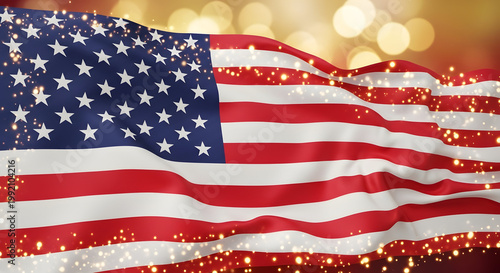 The American flag waving proudly with sparkling lights on transparent background