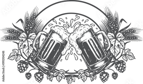 Two beer mugs clinking with hops and barley