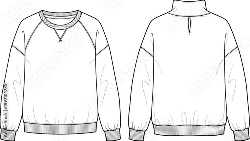 Women's Oversized Raglan Sweatshirt Technical Vector Flat with Front Crew Neck and Back Keyhole Collar for Fashion Design and Apparel Tech Packs