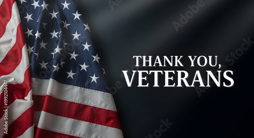 A close-up of an American flag with the words 'Thank you, Veterans' on a dark background on transparent background