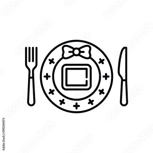 A simple black and white line drawing of a plate fork knife and dessert