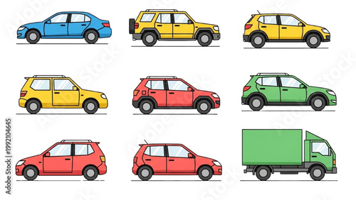 Various colorful cars and truck are illustrated in profile views