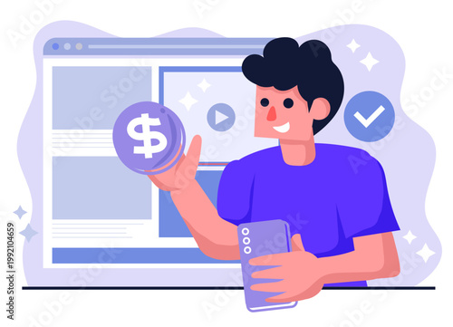 Young Man Earning Money Online from Video Content and Social Media Illustration