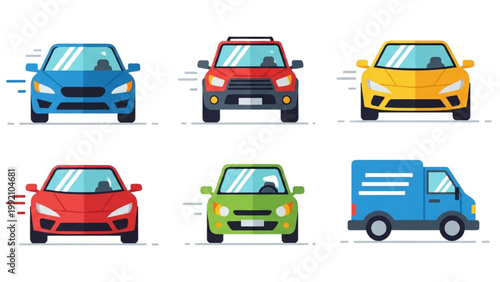 Six cars and a truck are speeding on the road illustration