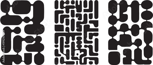 Abstract black geometric patterns with rounded interconnected shapes and lines