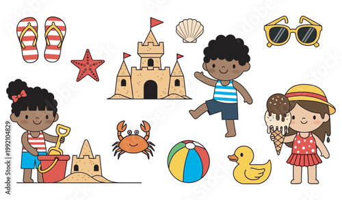 Kids summer holiday collection set with children playing on beach vector illustration