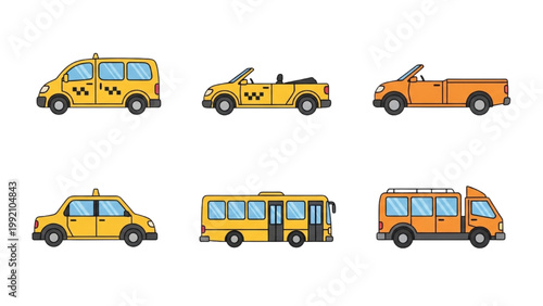 Vehicles including taxi truck and bus drive on road