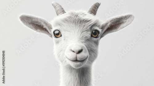 Realistic young goat portrait facing camera on a white background