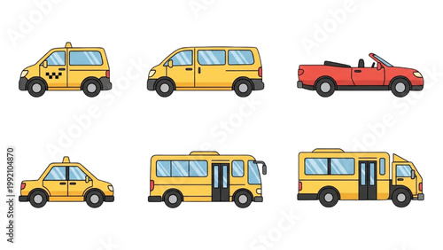 Vehicles including taxi, van, convertible, and school bus are shown