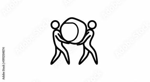 Two figures collaborating to lift a large circular object