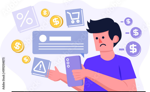 Sad Young Man Facing Financial Problems and High Expenses from Online Shopping Illustration