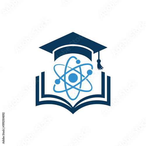 Graduation cap with an atomic model and open book design