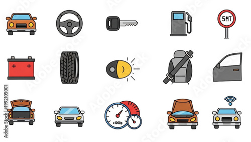 Vehicles icons showcase various transportation devices and parts