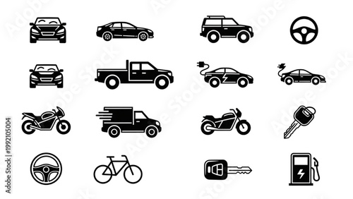 Vehicles icons including cars, trucks, motorcycles, bicycles and keys