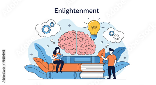 People seeking enlightenment through education and reading with giant brain and lightbulb symbols representing new ideas.